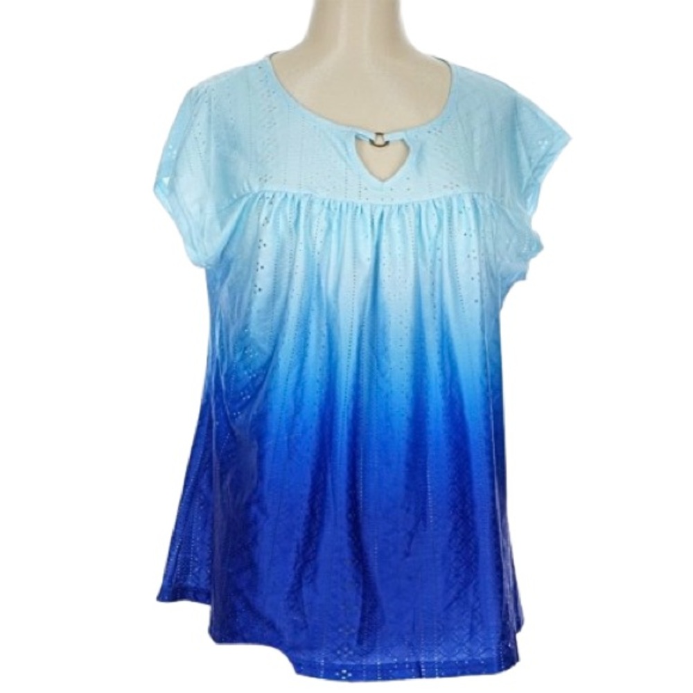 ETCYY Ombre-Style Eyelet Gathered Top, Women’s L, Blues